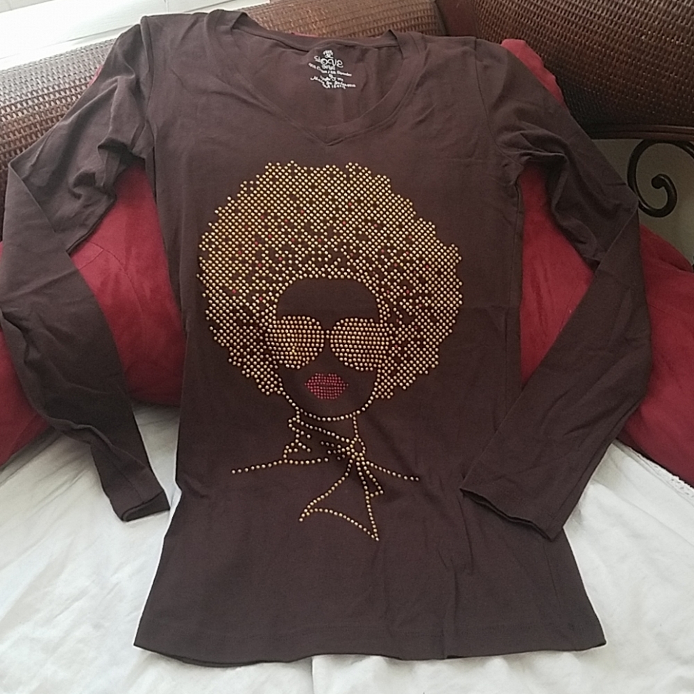 BOGO! Brown & GoldRhinestone Afro Lady Tee Shirts *NWOT*